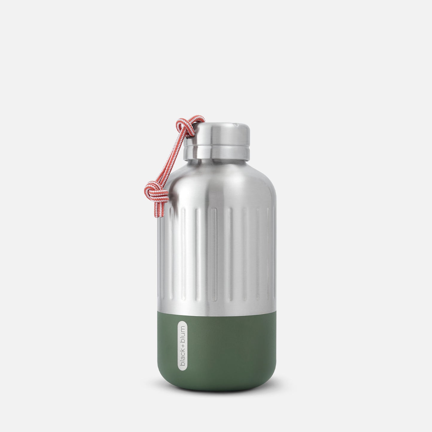 A stainless steel insulated water bottle with a silver body, green base, and a red twist carry handle.