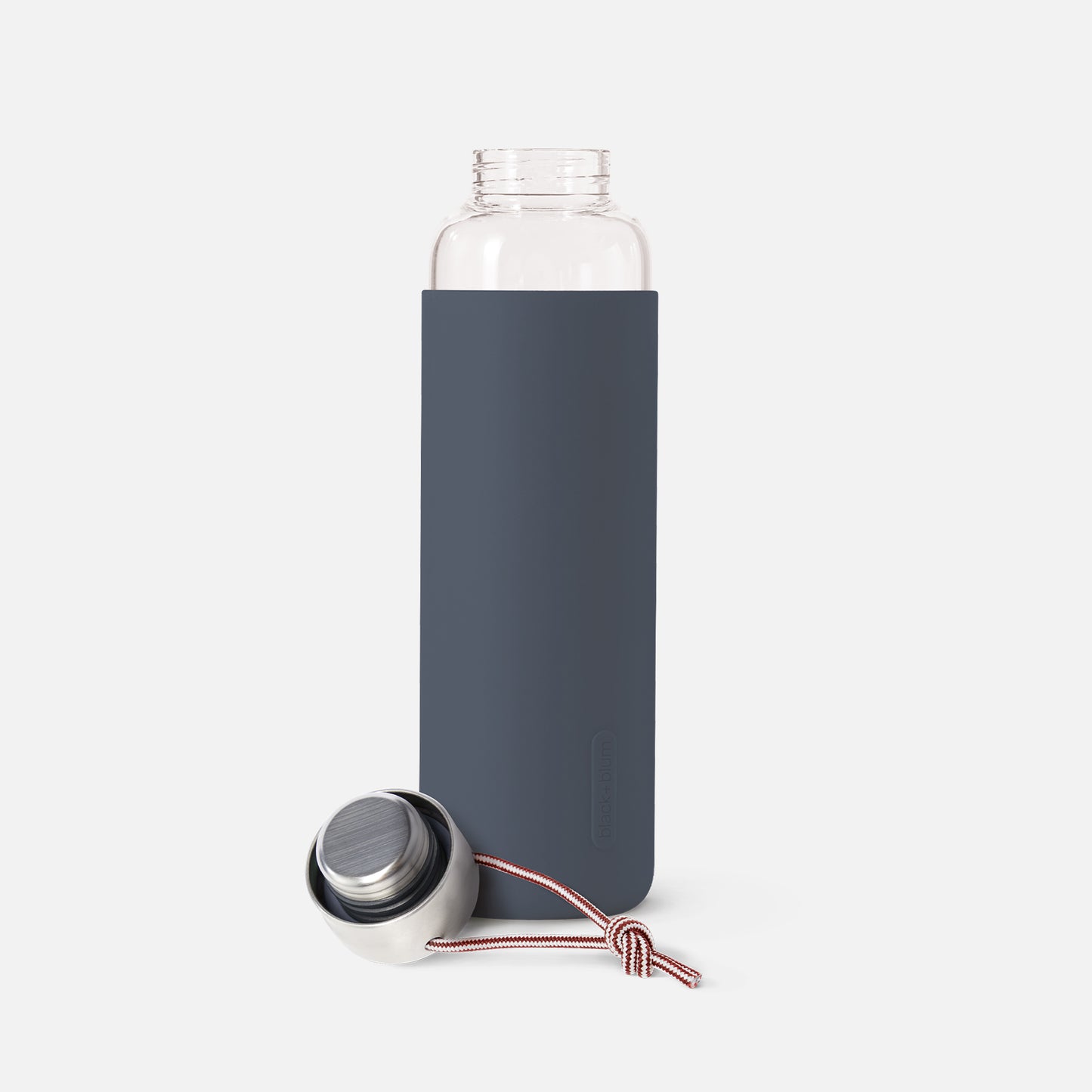 Black+Blum reusable glass water bottle grey lid off