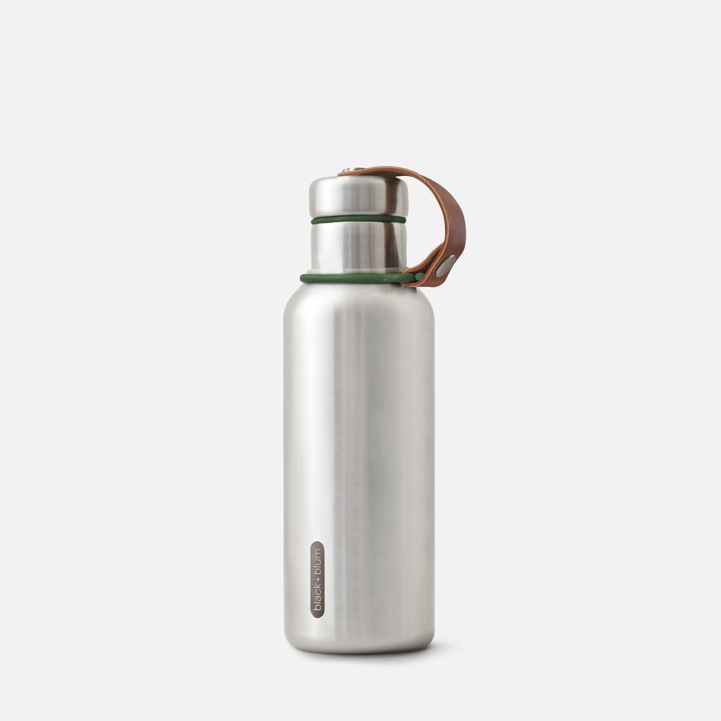A stainless steel insulated water bottle with a vegan leather strap and a green lid.