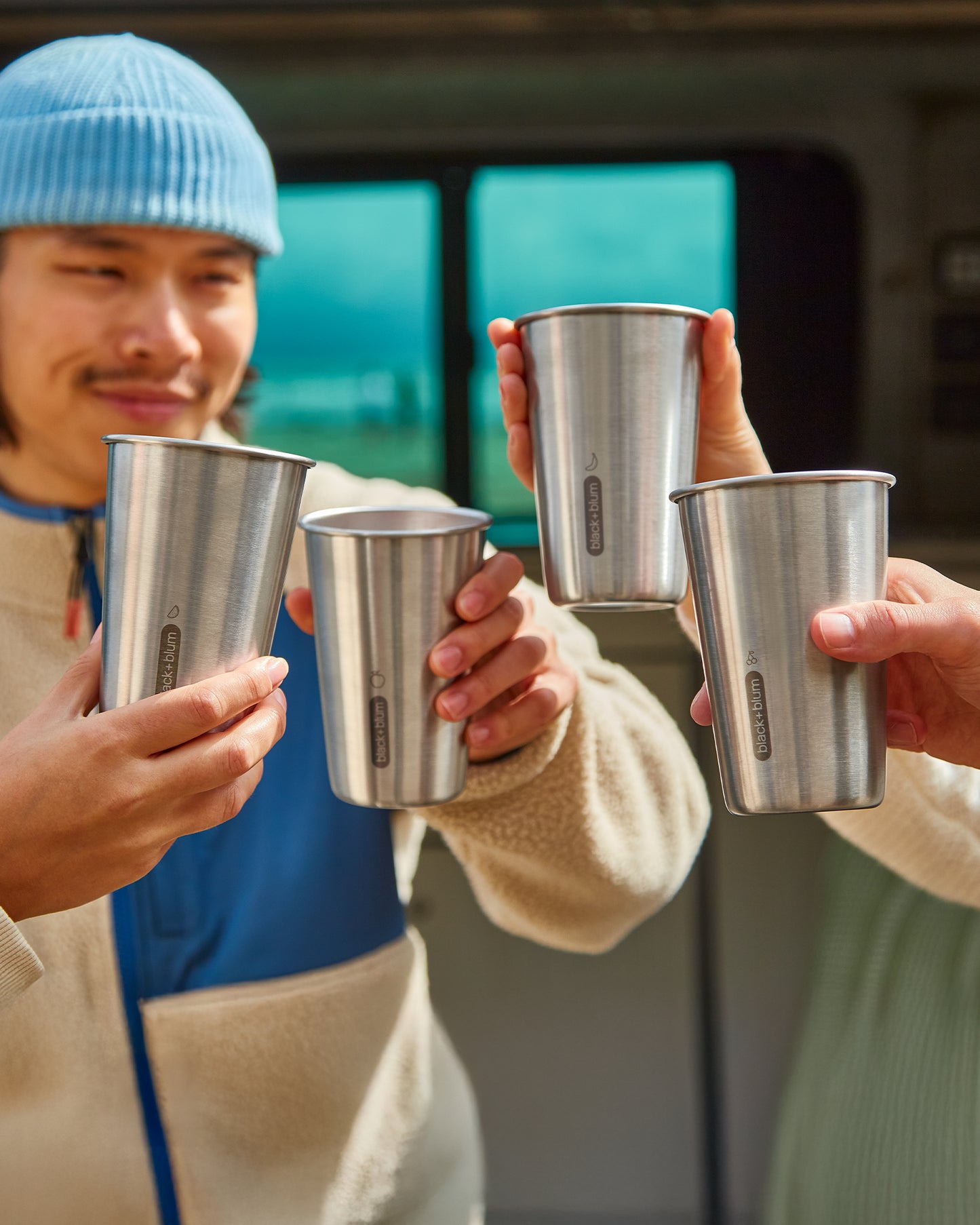 stainless steel cup set being used outdoors