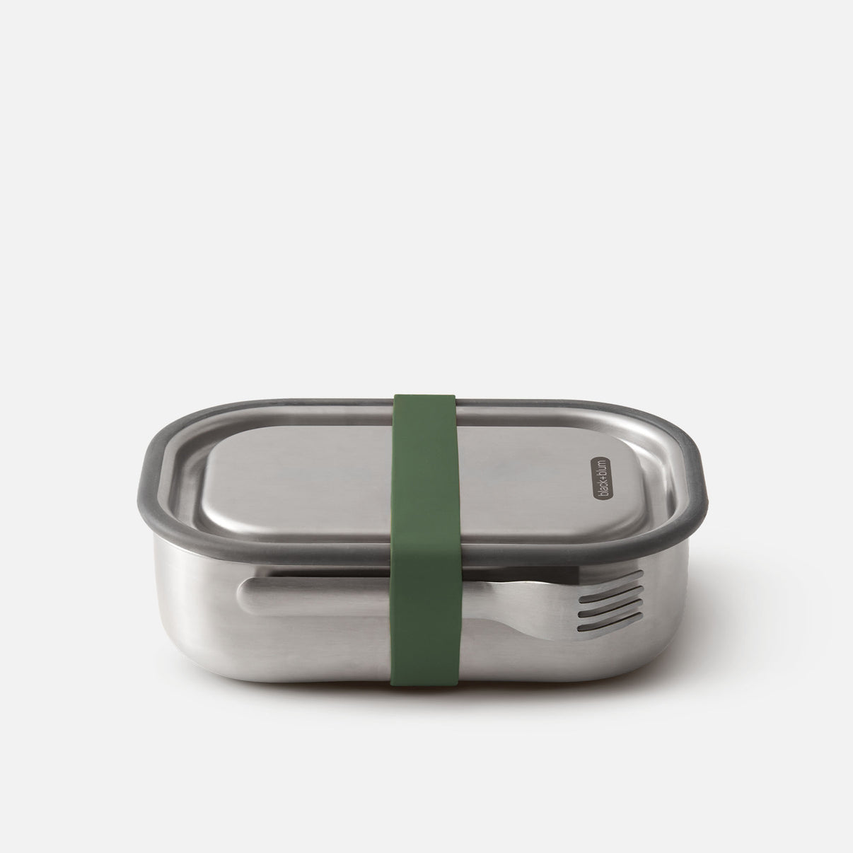 A silver stainless steel lunch box with a green strap securing the lid.