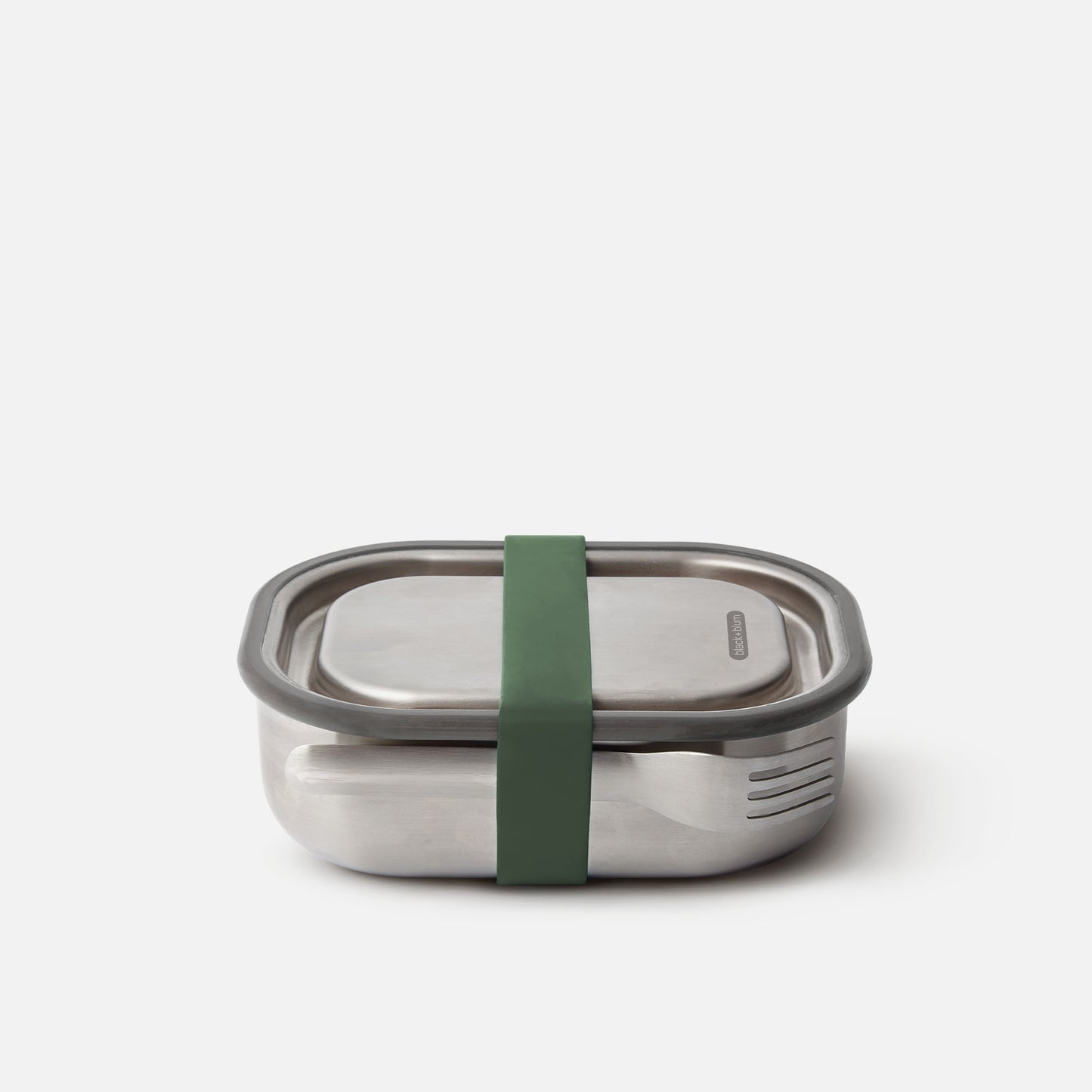 A stainless steel lunch box with a green strap and fork included.